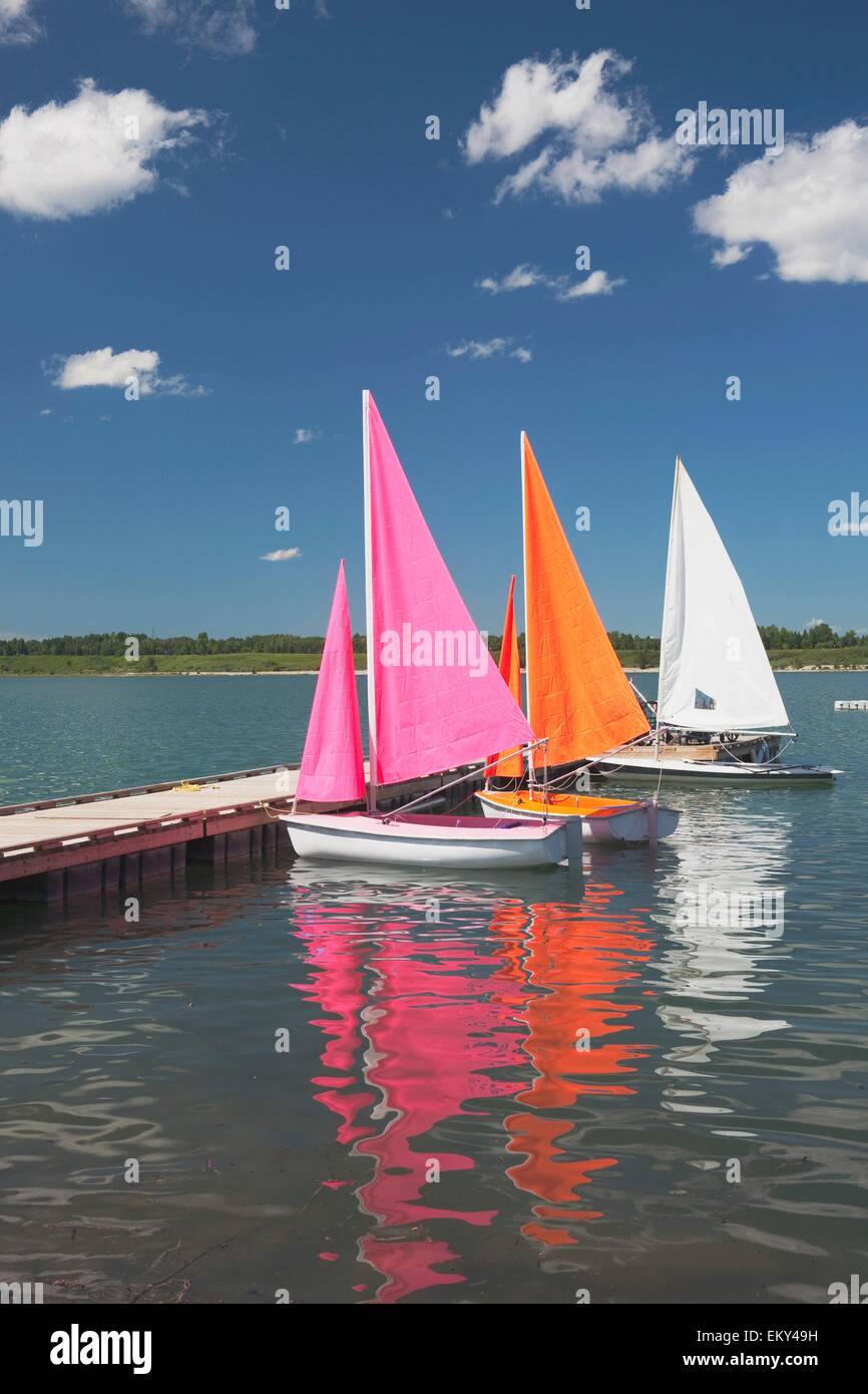 Barche a vela ormeggiata sul serbatoio di Glenmore, Calgary, Alberta, Canada Foto Stock