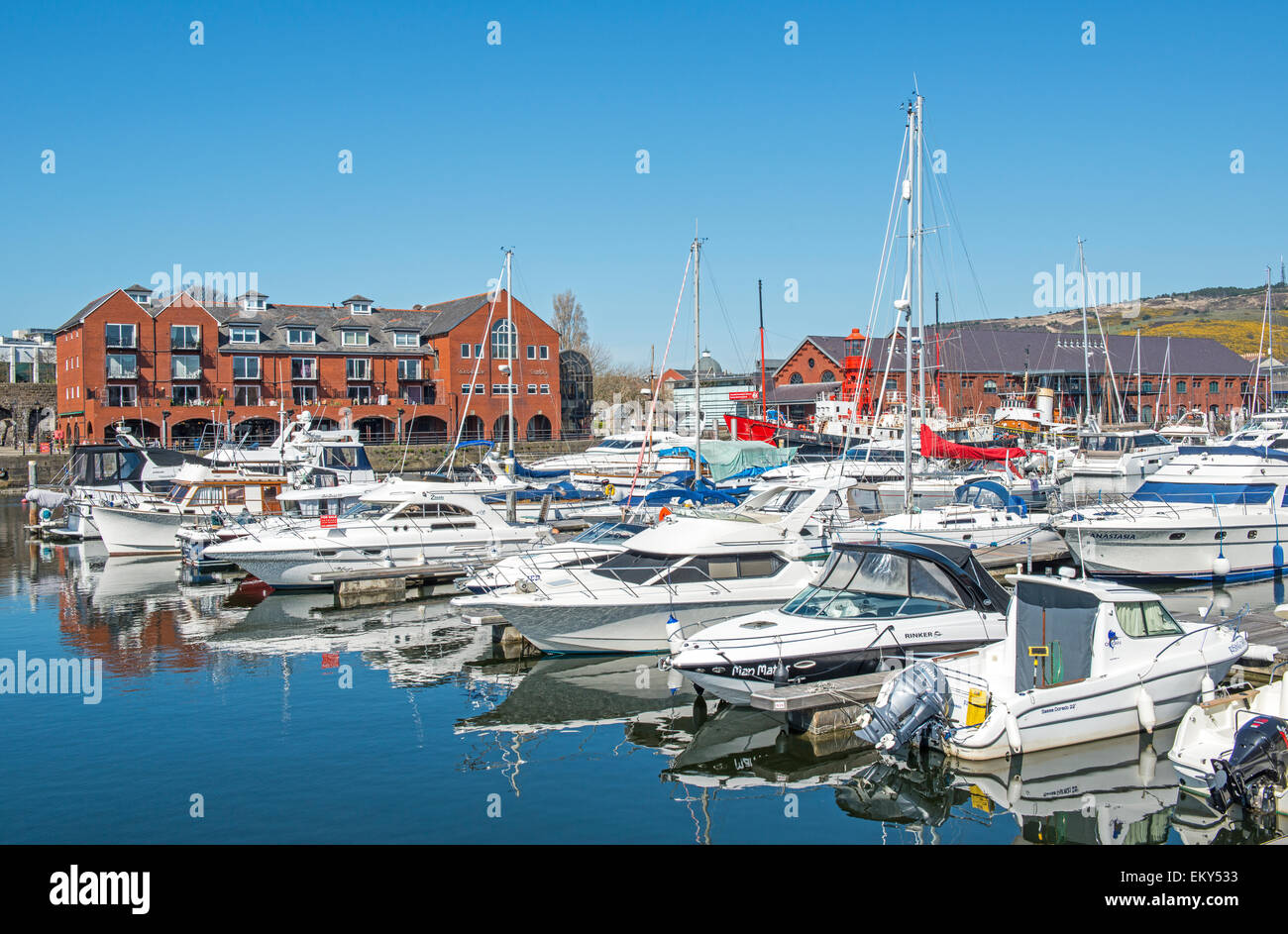 Swansea marina piena di barche da diporto su una luminosa giornata di sole, South Wales, Regno Unito Foto Stock