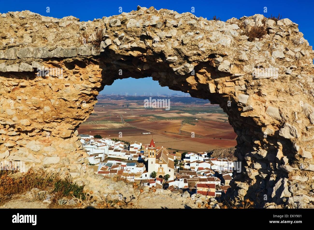 Rock,Arch,rovine,pietra,Vista,Village,Wall Foto Stock