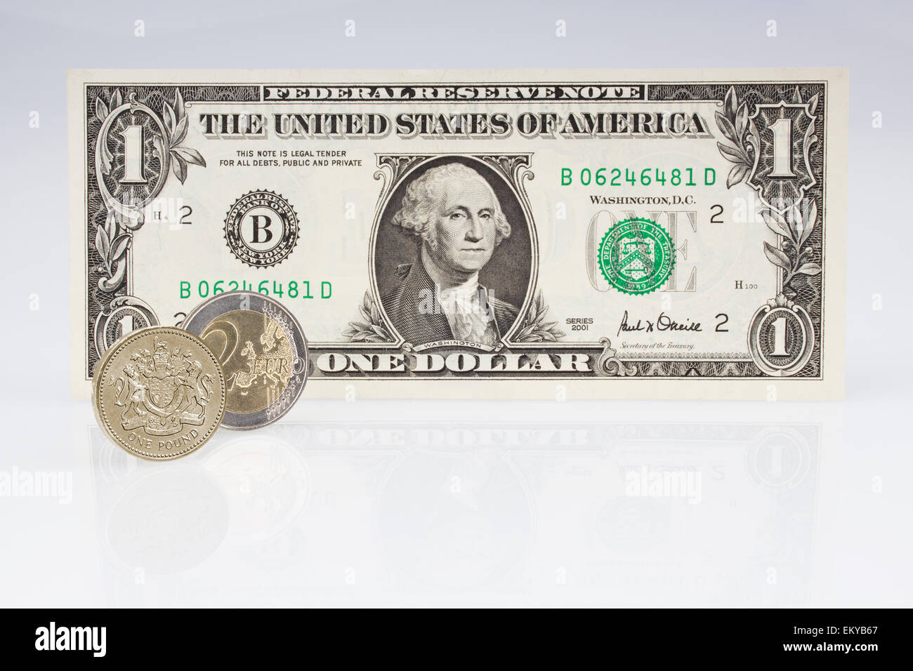 American un dollaro Banca nota con una libbra di moneta e due monete in euro Foto Stock
