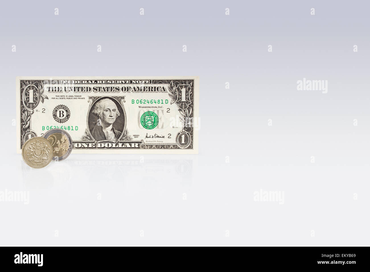 American un dollaro Banca nota con una libbra di moneta e due monete in euro Foto Stock