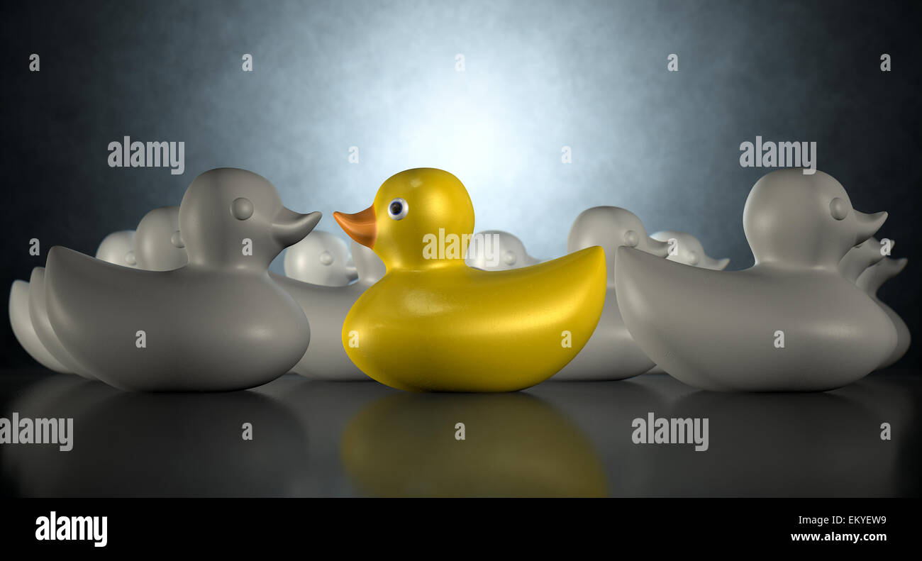 Un non conformista raffigurazione di una gomma gialla bagno piscina d'anatra contro il flusso di un gruppo di grigio le papere di gomma su un buio indietro Foto Stock