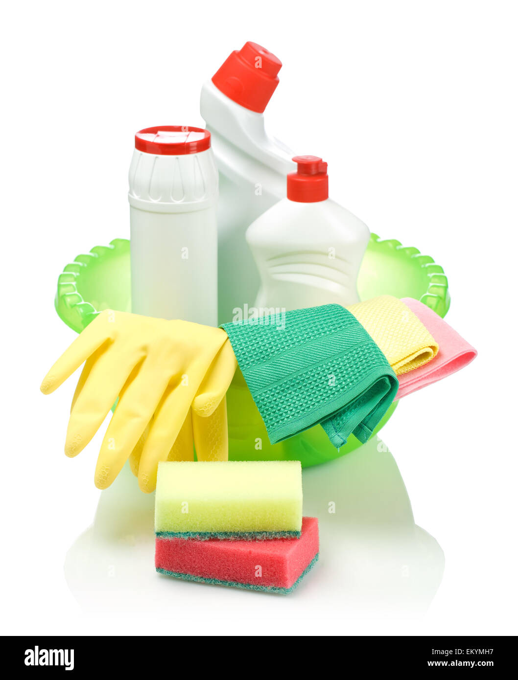 Suuplies per la pulizia nel bacino verde Foto Stock