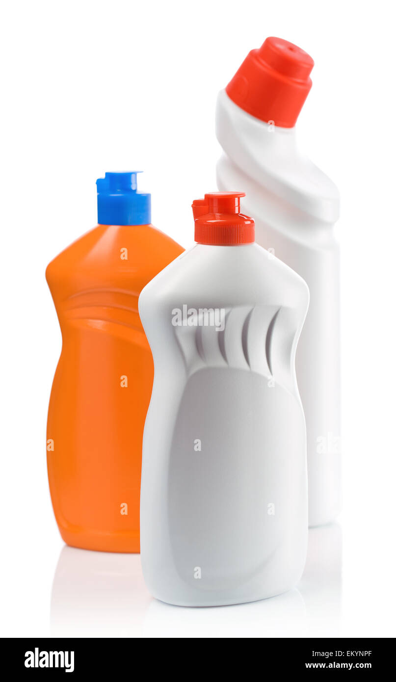 Arancione e bianco di bottiglie per la pulizia Foto Stock