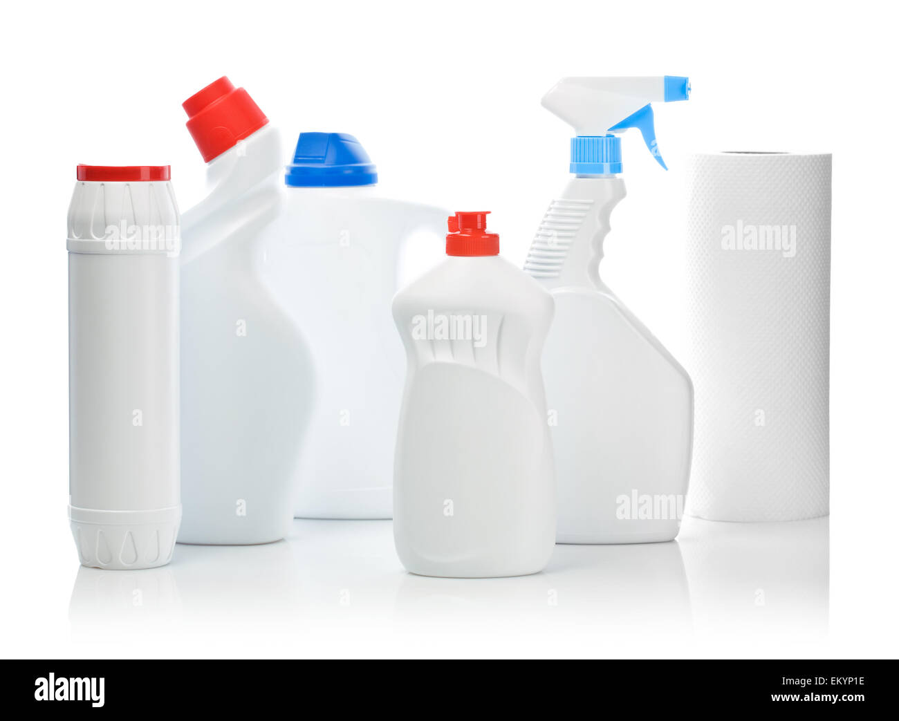 Composizione di bottiglie di bianco per la pulizia Foto Stock