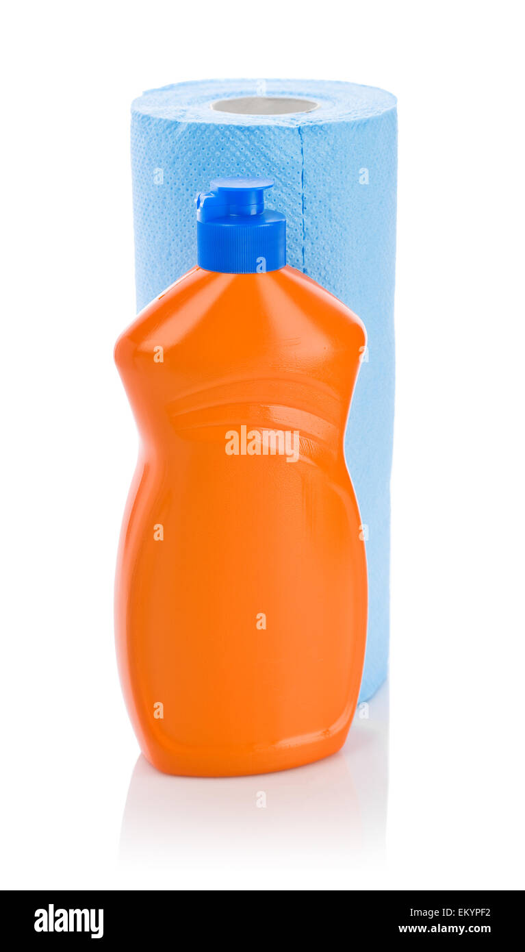 Filtro arancio bottiglia con salvietta di carta blu Foto Stock