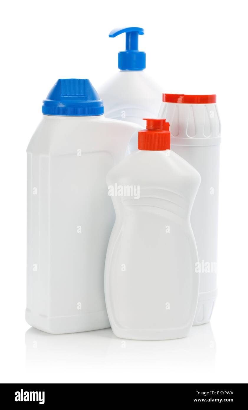 Quattro bottiglie di cucina isolato Foto Stock