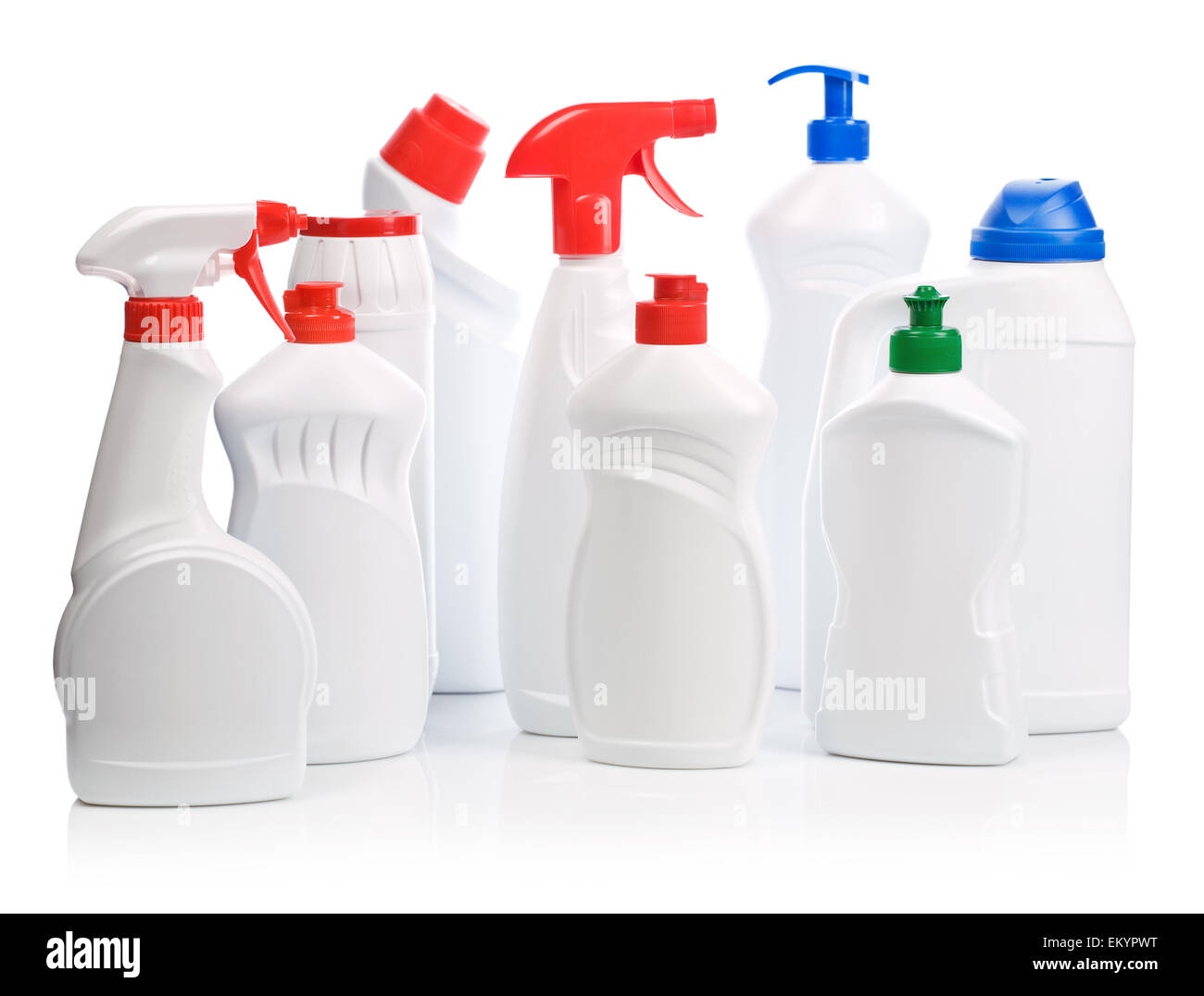 Nove bottiglie per la pulizia Foto Stock