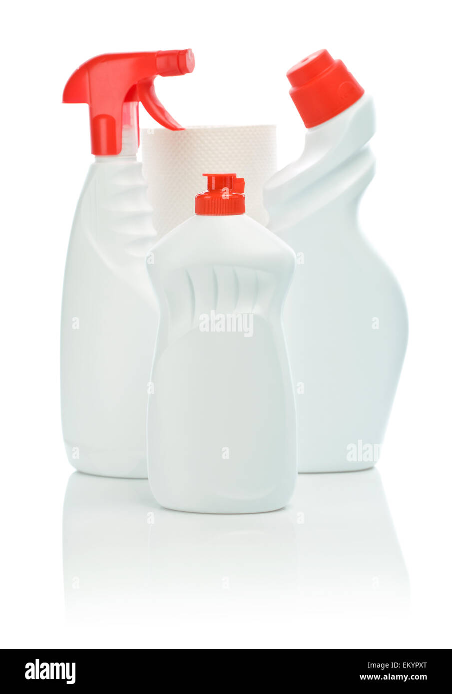 Tre bottiglia bianca con coperchio rosso e l'asciugamano Foto Stock