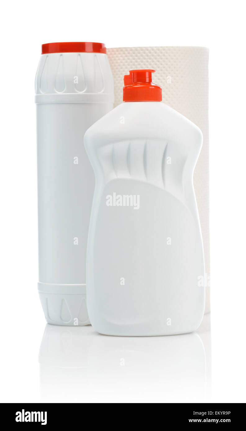 Bottiglie da cucina e asciugamani Foto Stock