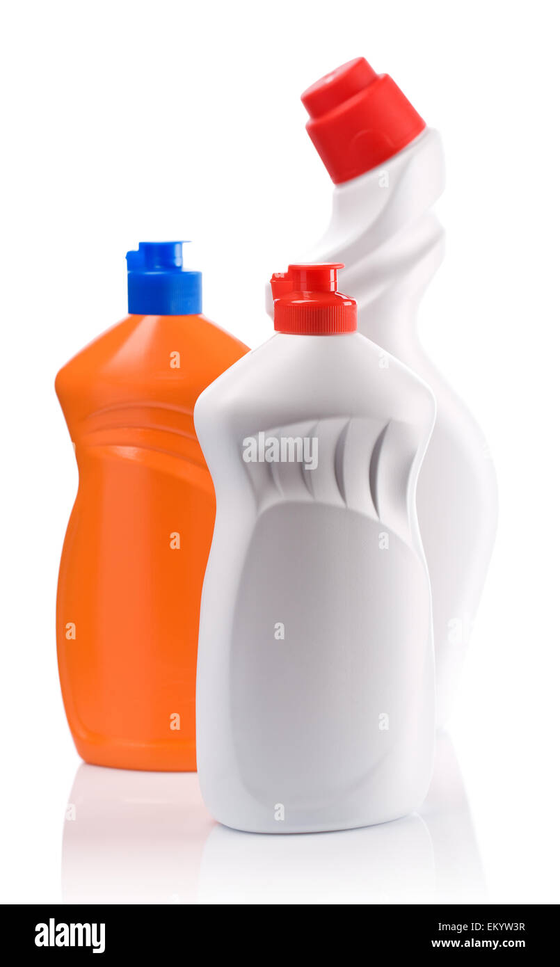 Arancione e bianco di bottiglie per pulire Foto Stock