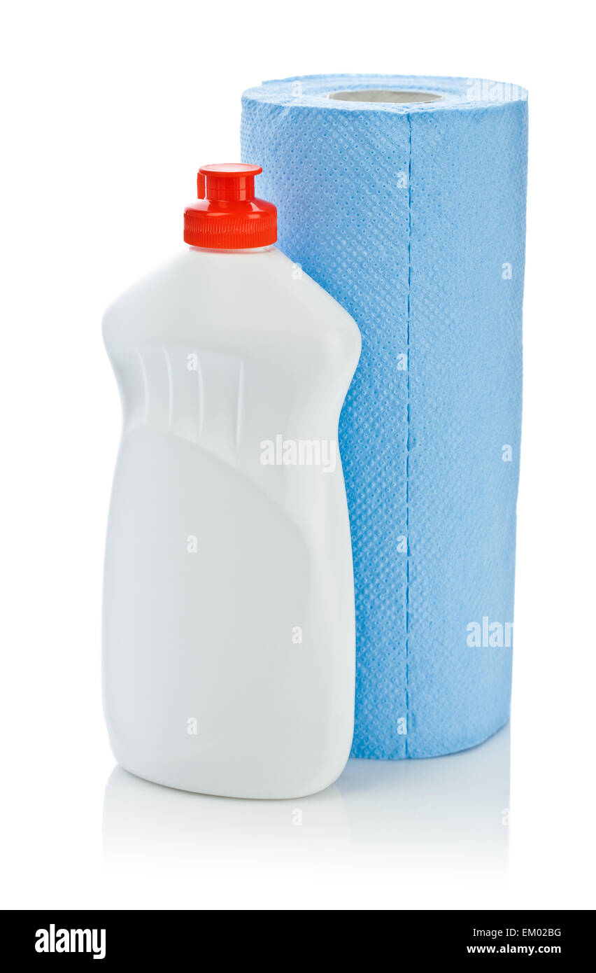 Salvietta di carta blu e cucina flacone di detergente isolato Foto Stock