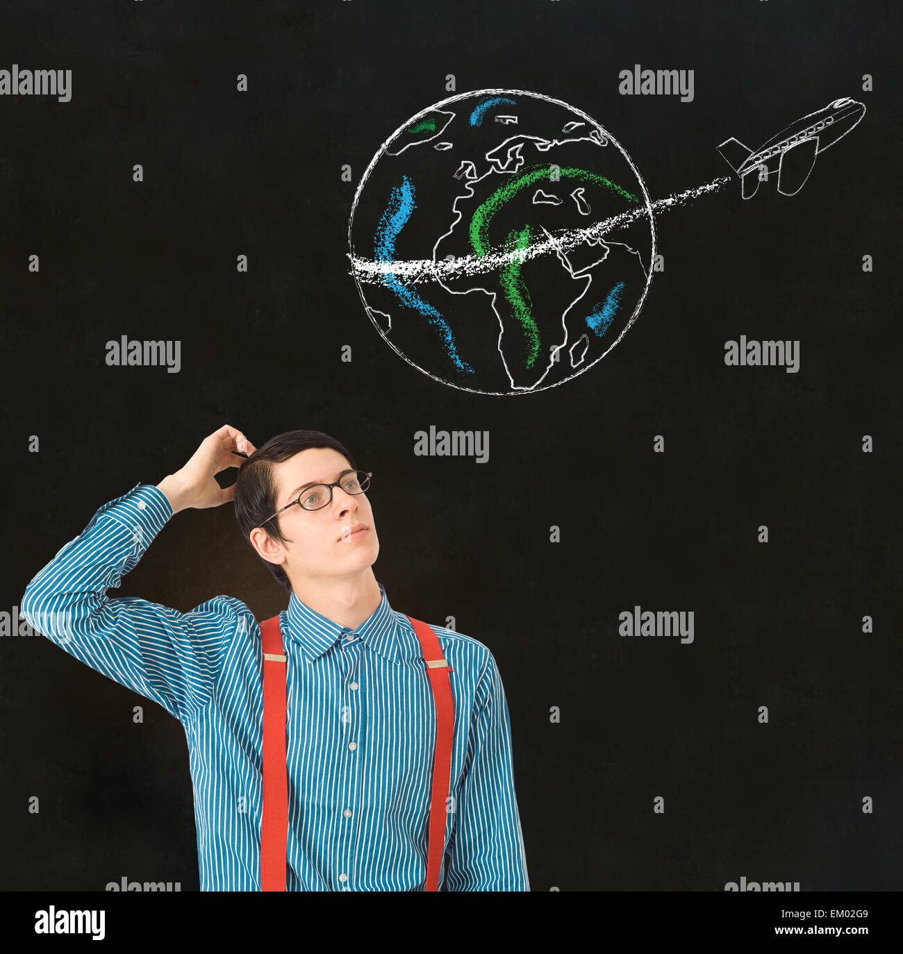 Nerd geek imprenditore chalk globe jet viaggi nel mondo Foto Stock