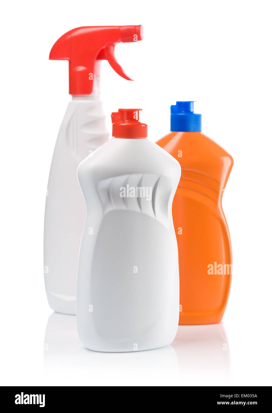 Arancione e bianco di bottiglie per pulire Foto Stock