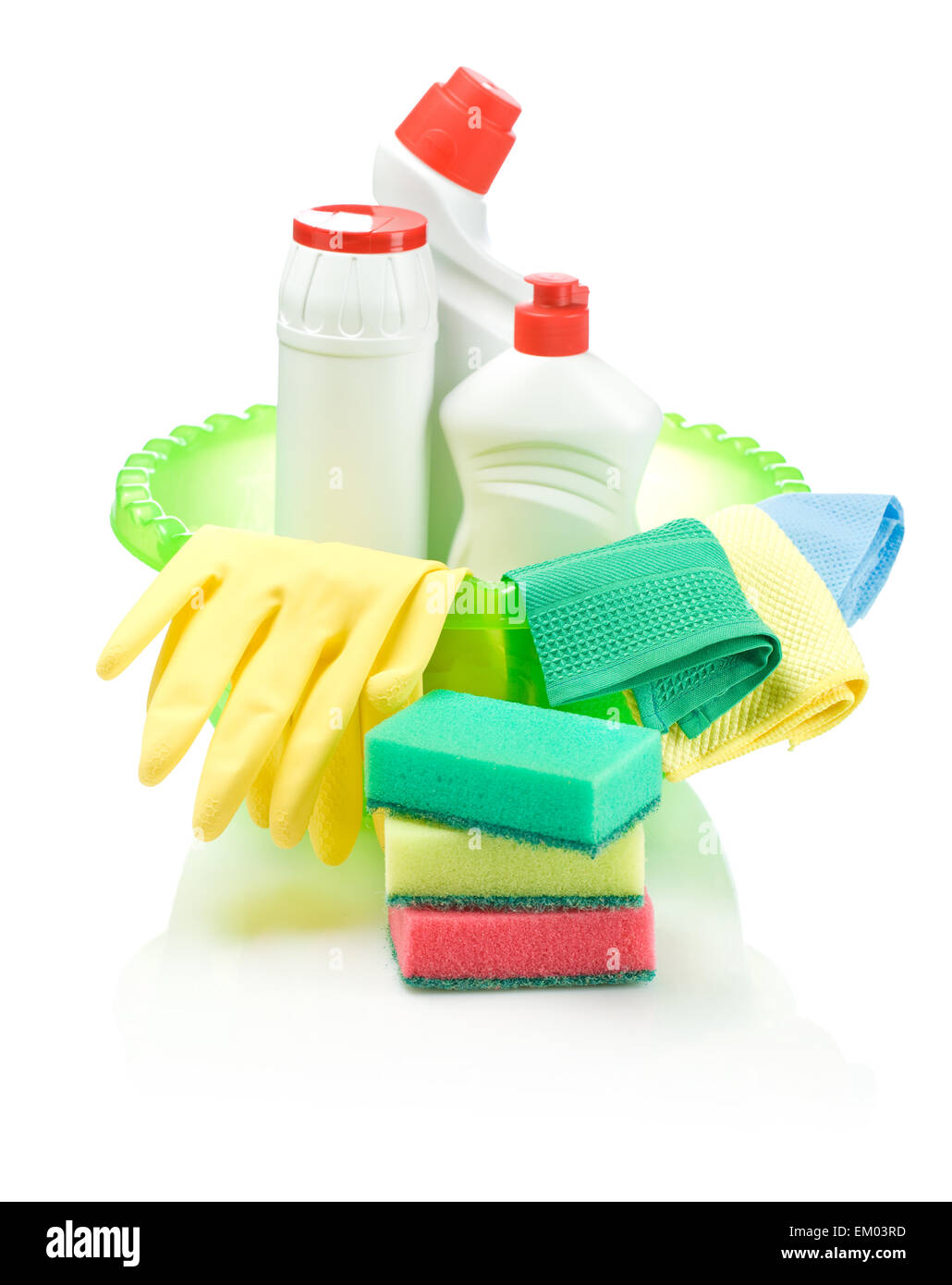 Forniture per la pulizia nel bacino verde Foto Stock