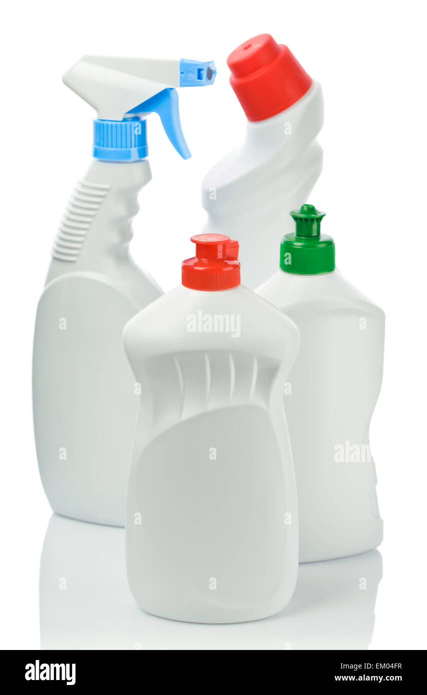 Quattro bottiglie per la pulizia Foto Stock