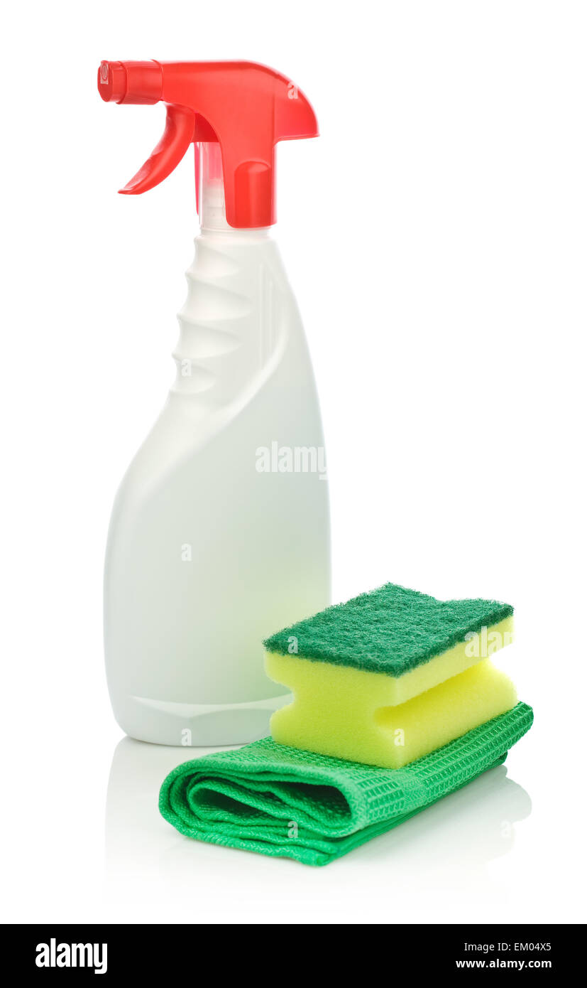 Spray bianco bottiglia e accessori per la pulizia Foto Stock