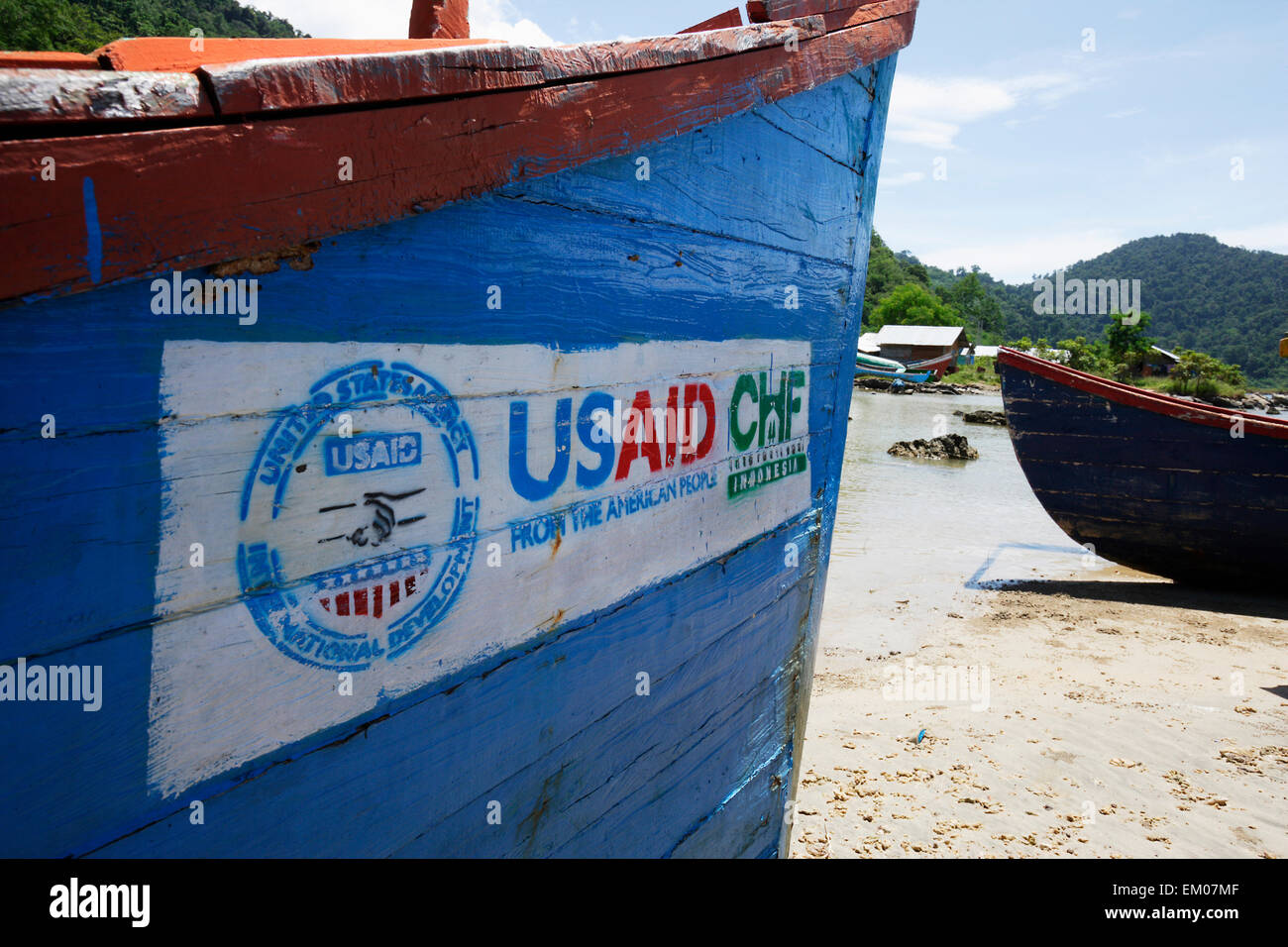 Barca,l'aiuto,Indonesia,Lamno,Banda Aceh,usaid Foto Stock