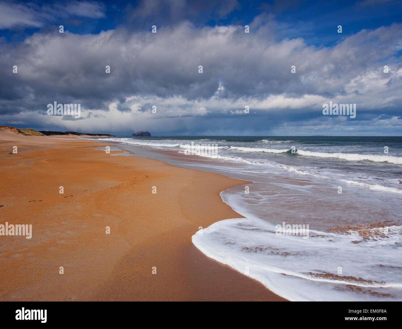 La spiaggia di sabbia a John Muir Country Park con il Bass Rock la distanza, in East Lothian, Scozia. Foto Stock