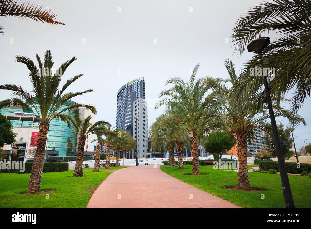 Fiancheggiata da palme percorso nel giardino del Turia guardando verso il Iberdrola edificio in Valencia Foto Stock