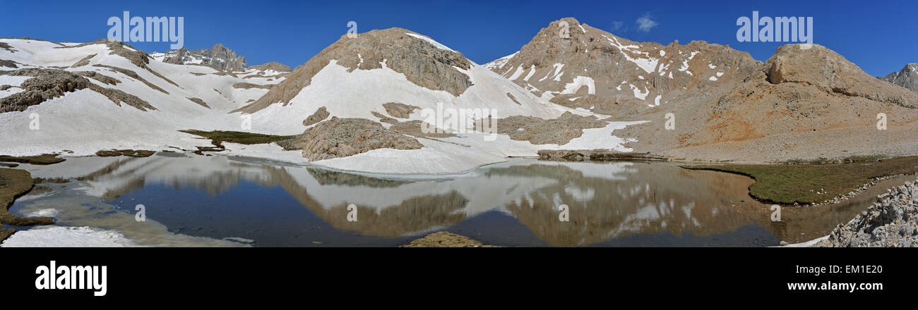 Alte montagne con la neve e il blu del cielo si riflette nel lago. Panorama della tabella Adigol-terra (Aladaglar Mountains, Turchia). Foto Stock