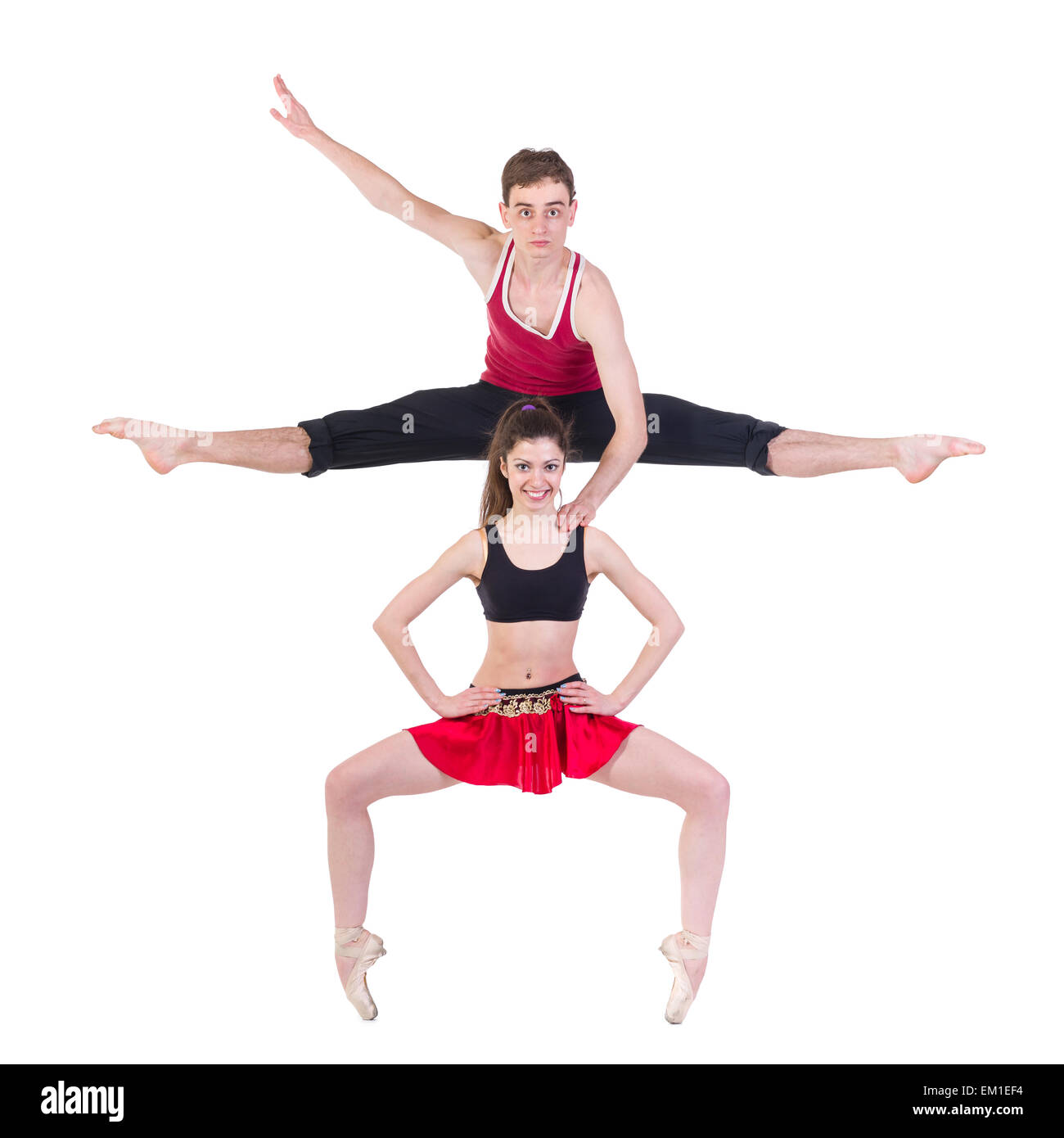 Per tutta la lunghezza del balletto giovane coppia danzante su sfondo bianco Foto Stock