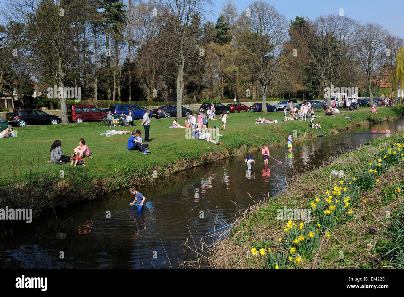 Famiglie paddling e la pesca nel fiume Leven in grande Ayton, North Yorkshire UK Gran Bretagna. Foto Stock