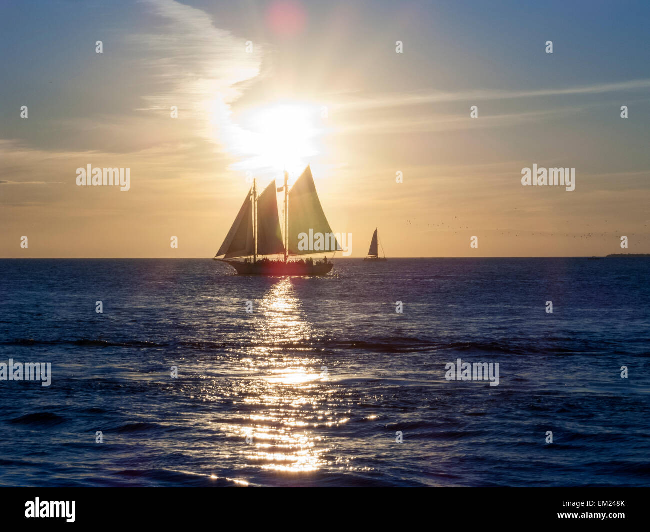 Barca a vela con i turisti off Mallory Square durante la quotidiana celebrazione al tramonto, Key West, Florida. Foto Stock