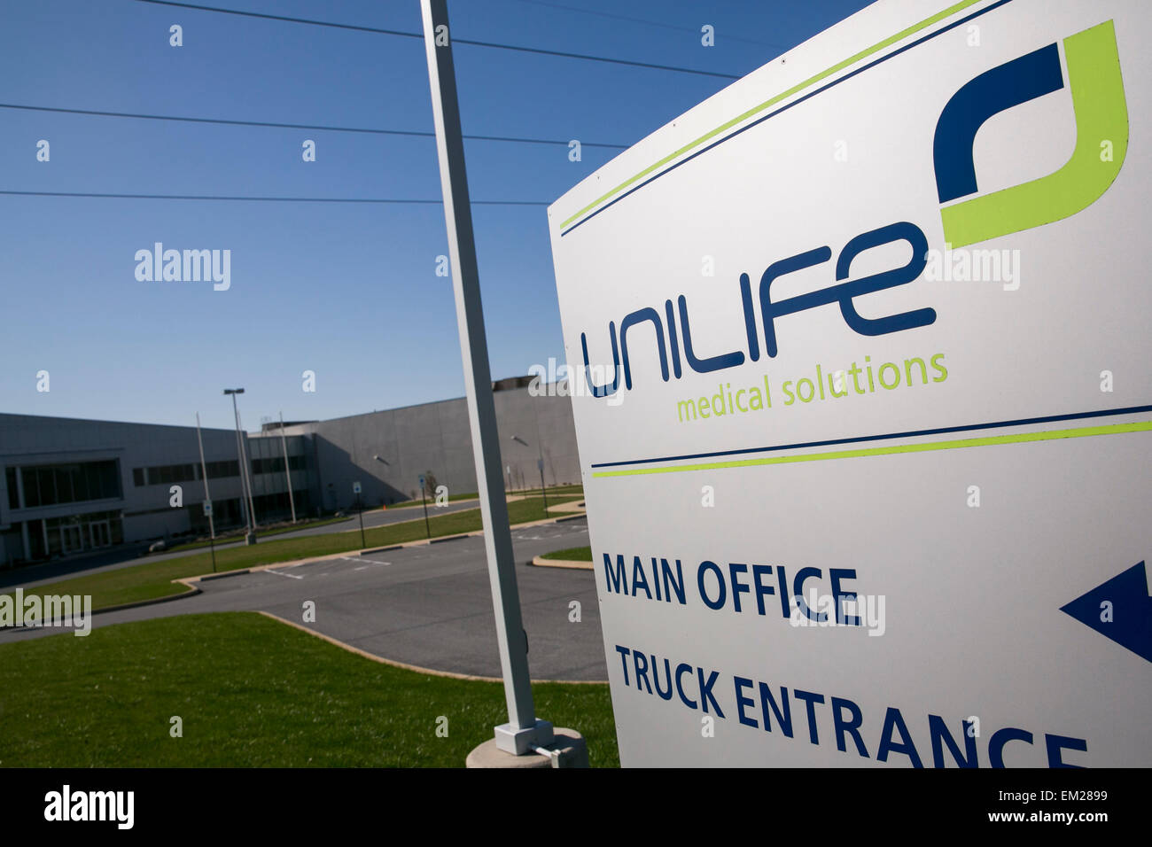 Un logo segno al di fuori della sede della Unilife Corporation a York, in Pennsylvania. Foto Stock