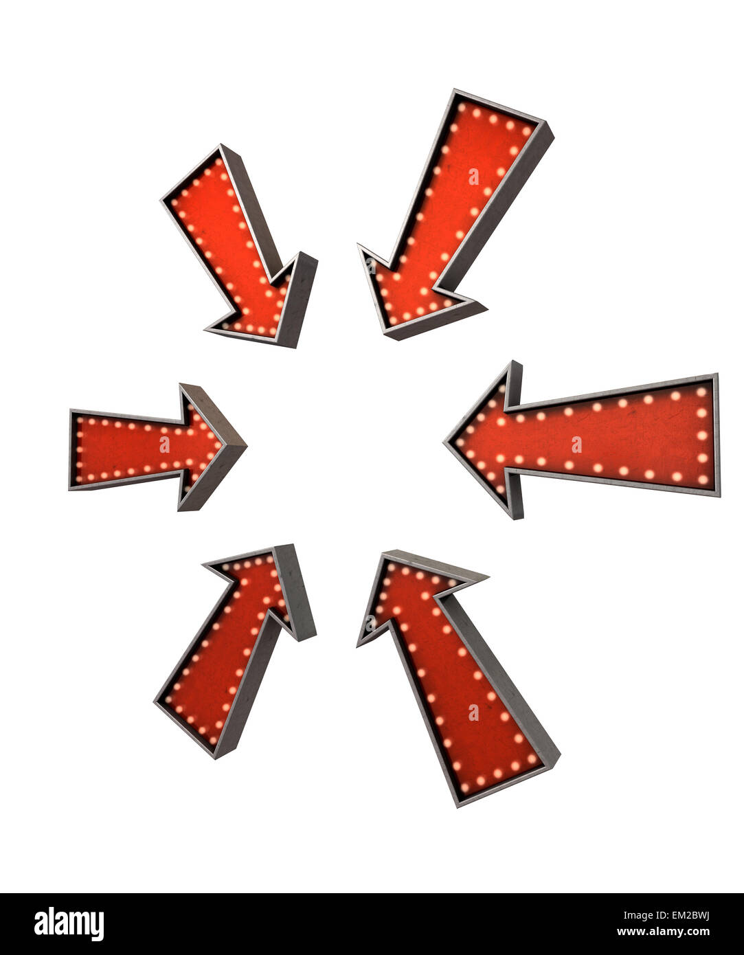 Una raccolta di sei belle epoque red vintage segni freccia illuminata da lampadine rivolte verso l'interno isolato su un sfondo scuro Foto Stock