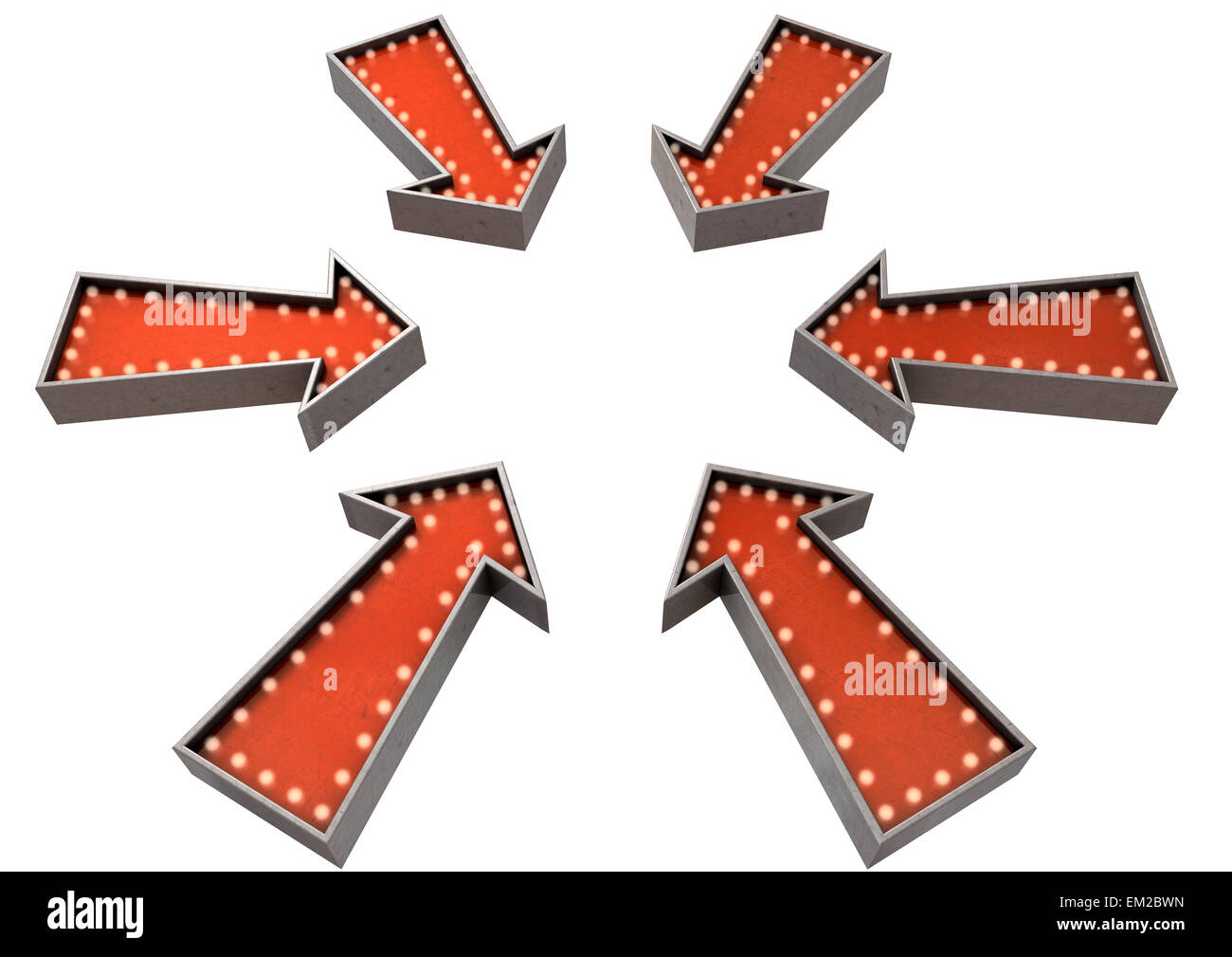 Una raccolta di sei belle epoque red vintage segni freccia illuminata da lampadine rivolte verso l'interno isolato su un sfondo scuro Foto Stock