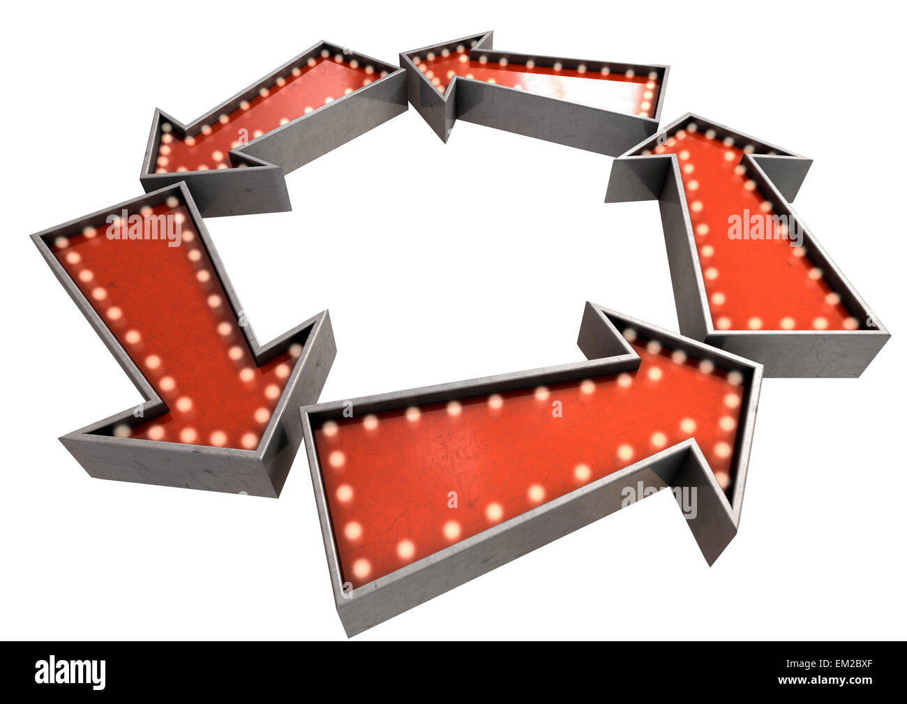 Una raccolta di belle epoque red vintage segni freccia illuminata da lampadine disposte in cerchio su un isolato sfondo scuro Foto Stock