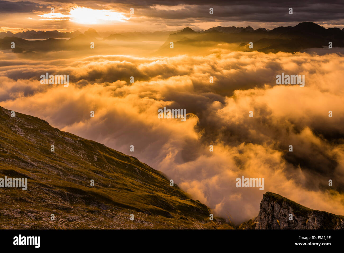 Bregenzerwald montagne con nuvole sotto, sunrise, Au, Foresta di Bregenz, Vorarlberg, Austria Foto Stock