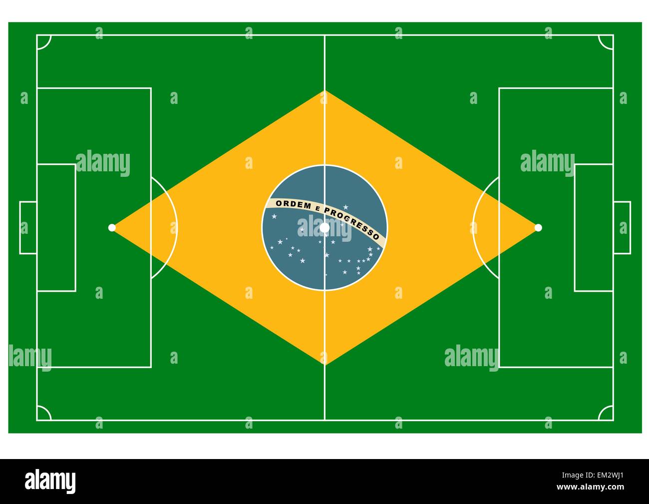 Vettore Campo di calcio con sfera assomiglia a bandiera brasiliana Illustrazione Vettoriale