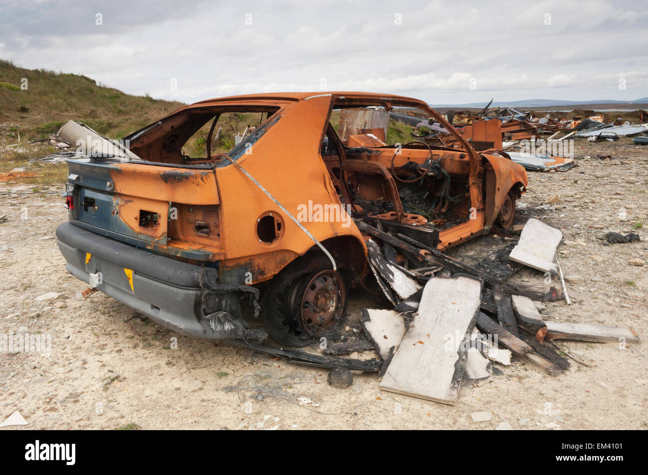 Rottamazione auto sull'isola di Flotta - Orkney Islands, Scozia. Foto Stock