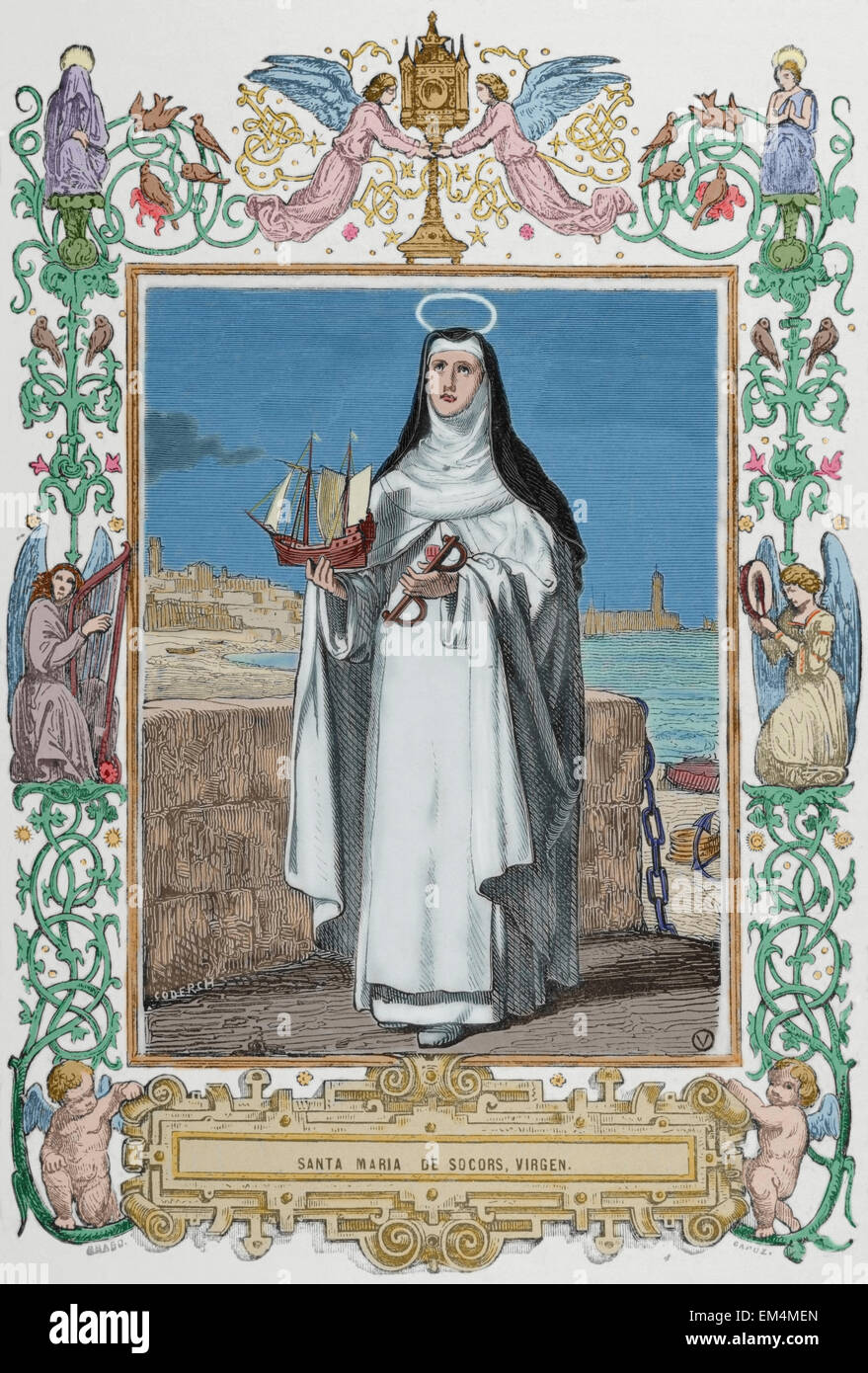 Maria de Cervello (1230-1290). Primi religiosi dell Ordine della Beata Vergine Maria della Misericordia. Noto anche come María del Socorro. Incisione di Coderch, 1852. Colorati. Foto Stock