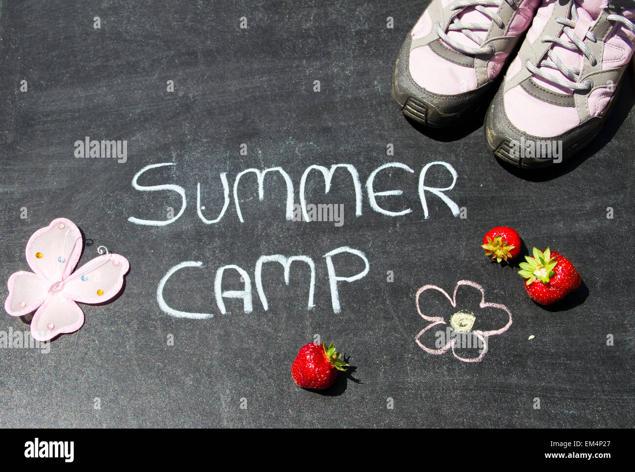 Lavagna con scritto summer camp e fragole Foto Stock