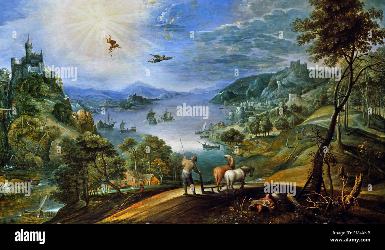Marten Ryckaert ( Anversa 1587 - 1633 Anversa ) paesaggio con gli agricoltori di aratura e la caduta di Icaro 1620/30 belga fiamminga del Belgio Foto Stock