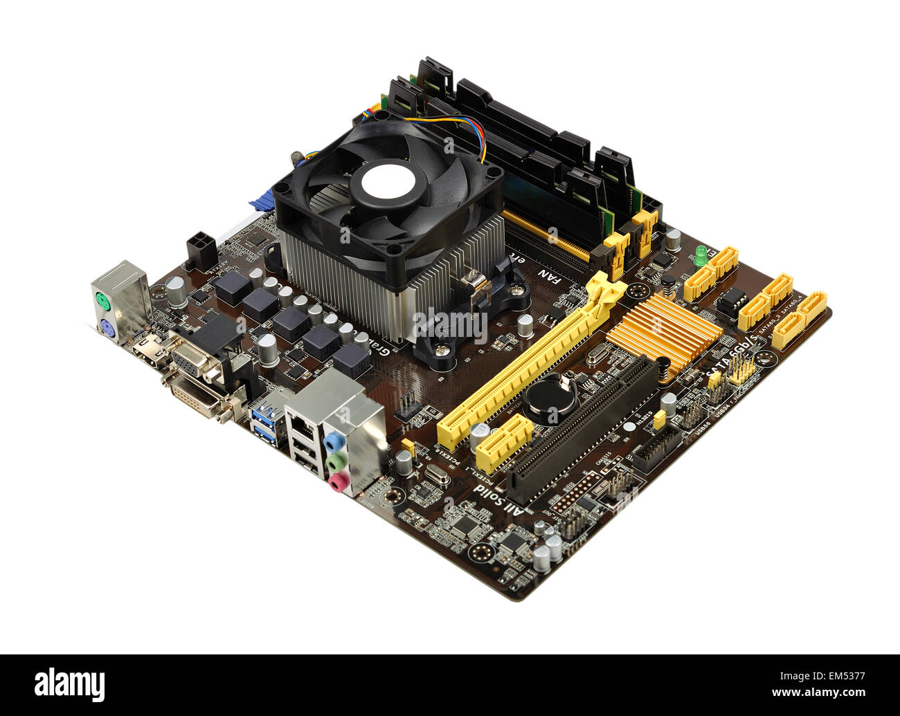 La scheda madre del computer con dissipatore di calore per CPU Foto Stock