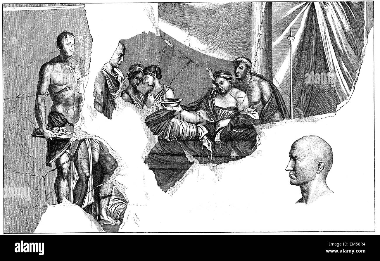 Bevande Sophonisbe dalla tazza di veleno . Pittura murale da Pompei. ( In basso a destra: la testa di Scipione ) Foto Stock