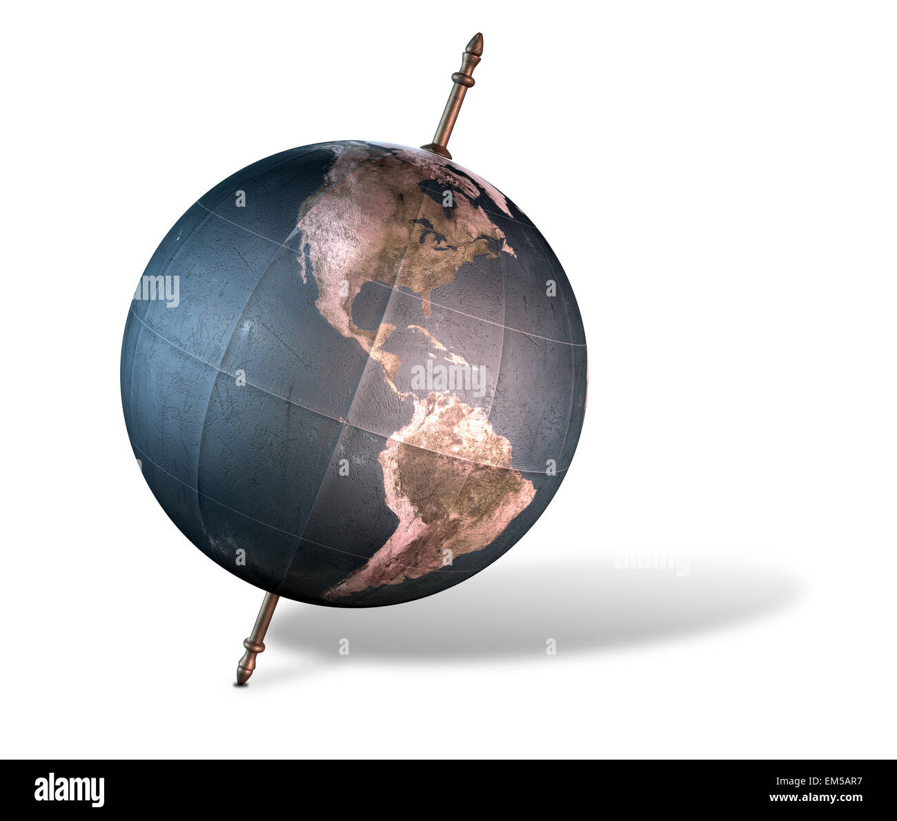 Un vintage Globo mondo inclinato e in piedi su un asse centrale isolato su un fondo bianco Foto Stock