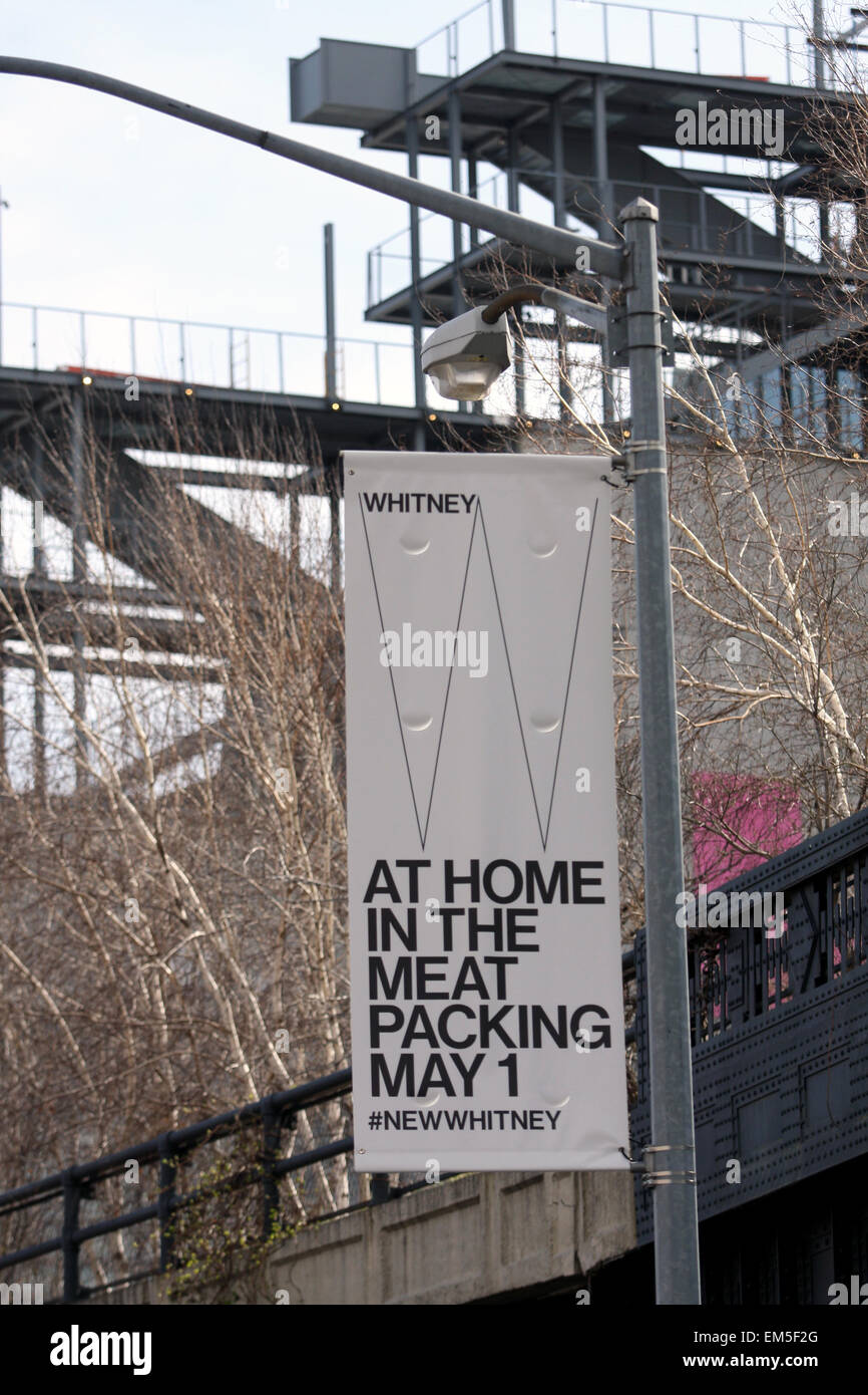 New York, Stati Uniti d'America. Xv Apr, 2015. Si stanno ultimando il nuovo Whitney Museum of American Art edificio a Washington Street e Gansevoort Street, nella città di New York il Quartiere Meatpacking alla fine della linea alta, raffigurato in primo piano. Progettato dall'architetto Renzo Piano, 200.000-piazza-piede lo spazio sarà aperto al pubblico il 1 maggio 2015 Londra 2012 - Olimpiadi: nuoto pratica London 2012 - Olimpiadi: pratica subacquea. Londra 2012 - Olimpiadi: nuoto pratica. Credito: Adam Stoltman/Alamy Live News Foto Stock