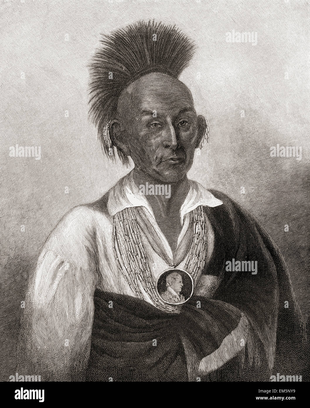 Black Hawk, nato ma-ka-tai-me-she-kia-kiak, 1767 – 1838. Leader di guerra e guerriero della tribù indiana americana Sauk. Foto Stock