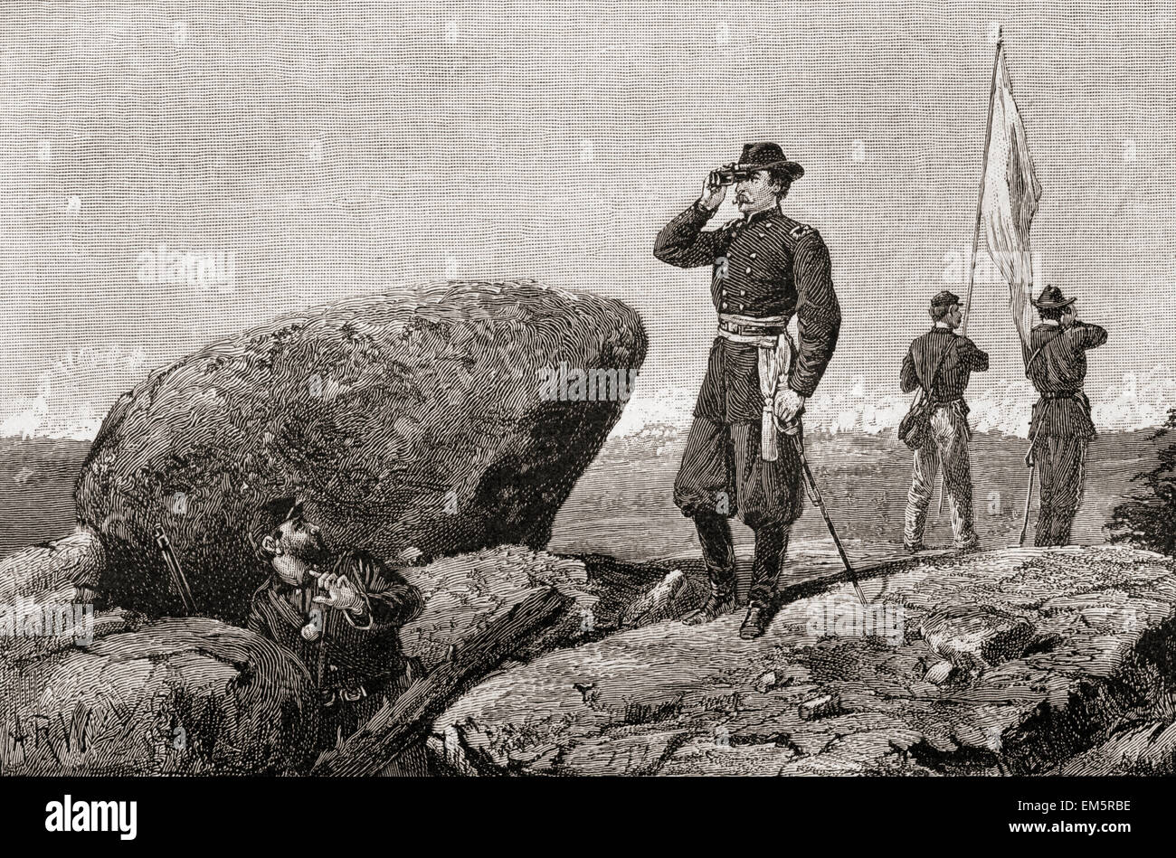 General G.K. Warren al segnale di stazione su Little Round Top, nella battaglia di Gettysburg durante la Guerra Civile Americana. Gouverneur Kemble Warren, 1830 - 1882. Ingegnere civile e prominente in generale l'Unione esercito durante la Guerra Civile Americana. Foto Stock