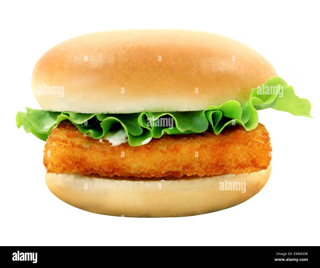 Foto luminose di macro gustoso hamburger con filetto di pesce su sfondo bianco Foto Stock