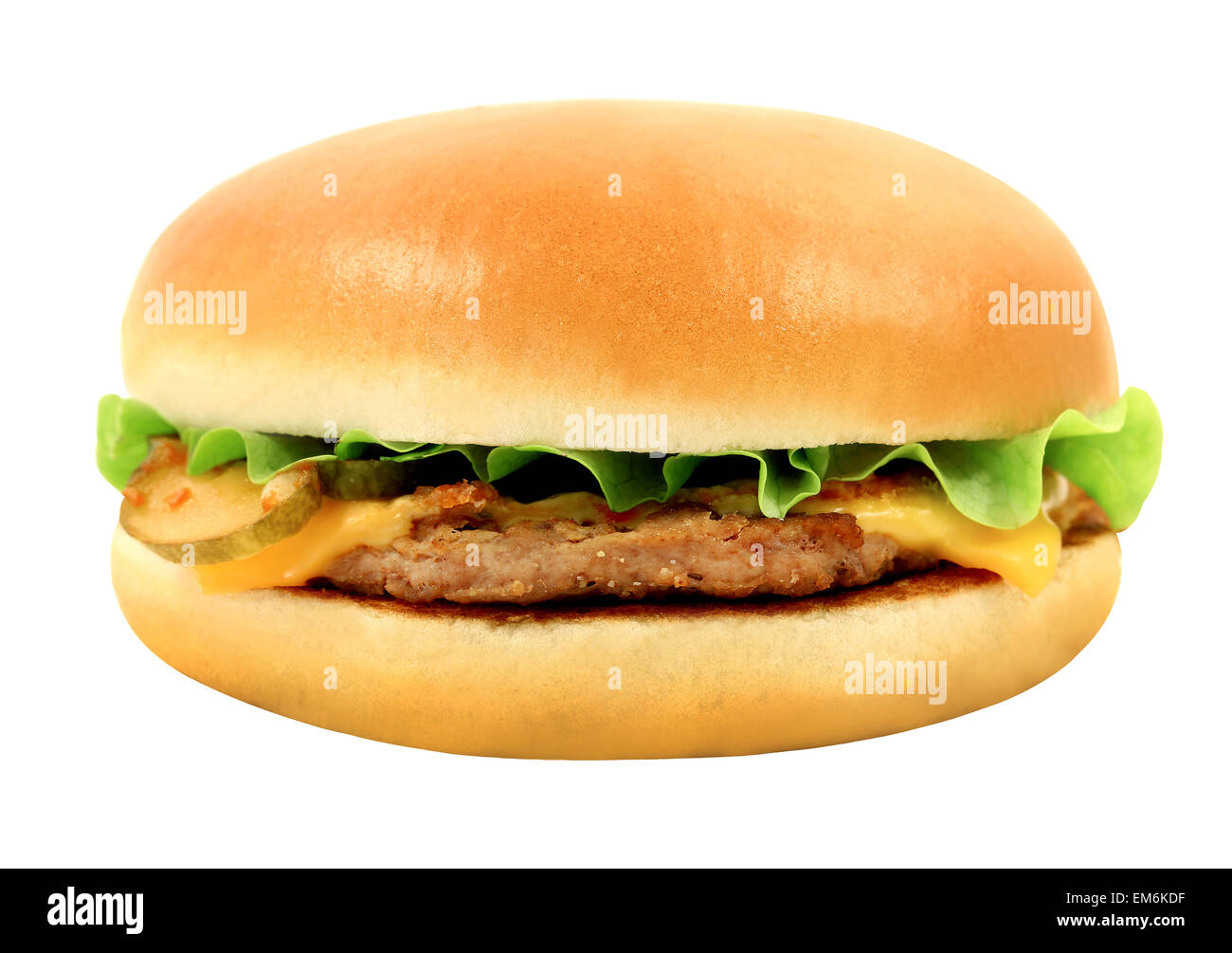 Foto luminose di macro gustoso cheeseburger su sfondo bianco Foto Stock