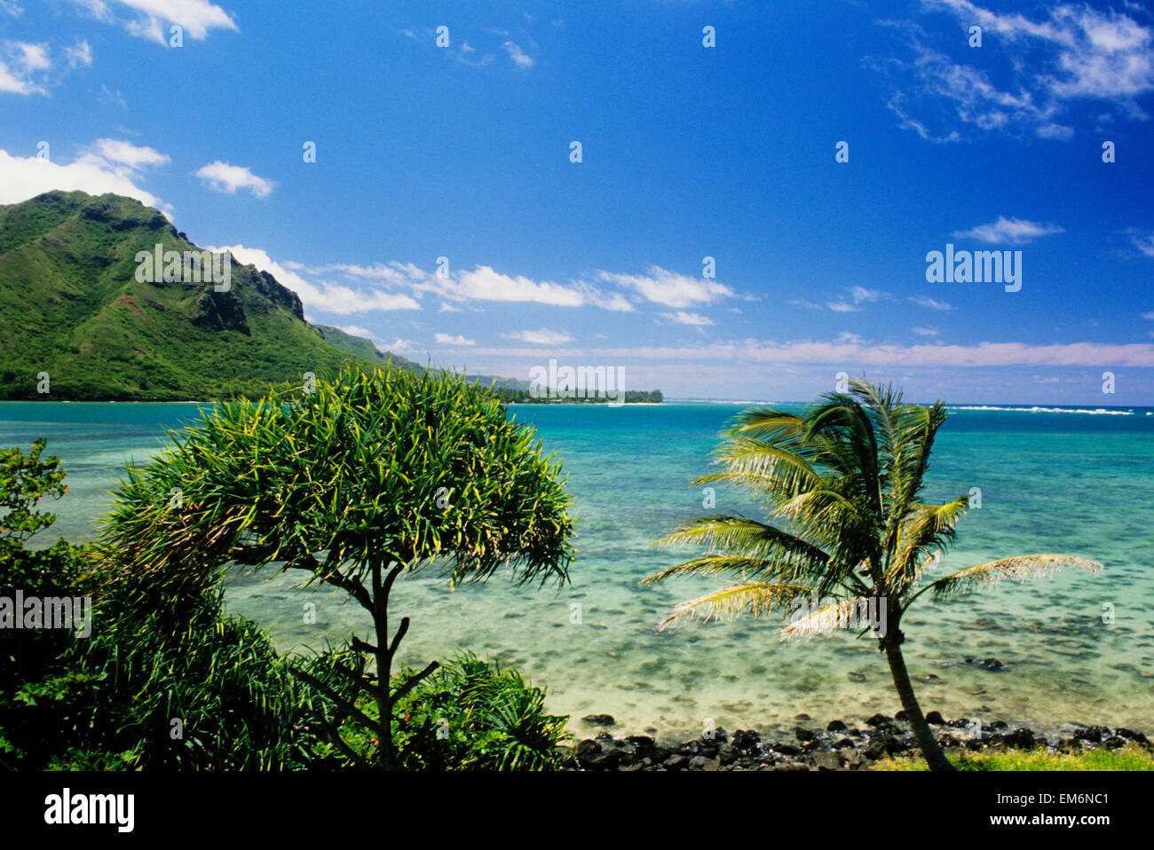 Stati Uniti d'America, Hawaii, Oahu, acqua cristallina e lussureggianti montagne in distanza; Kahana Bay, luminoso cielo blu Foto Stock