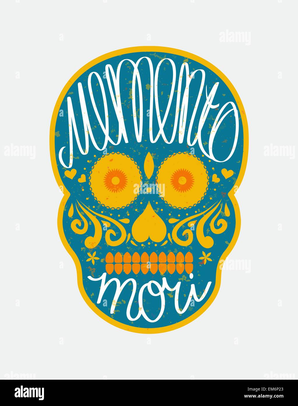 Zucchero messicano cranio con 'memento mori' (latino. Essere consapevoli della morte) scritte, illustrazione colorata per il giorno dei morti (Día d Illustrazione Vettoriale