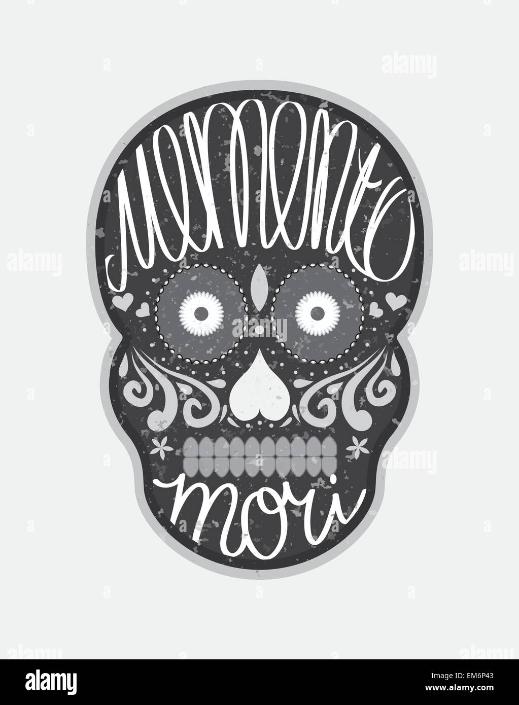 Zucchero messicano cranio con 'memento mori' (latino. Essere consapevoli della morte) scritte, in bianco e nero illustrazione per il Giorno dei Morti Illustrazione Vettoriale