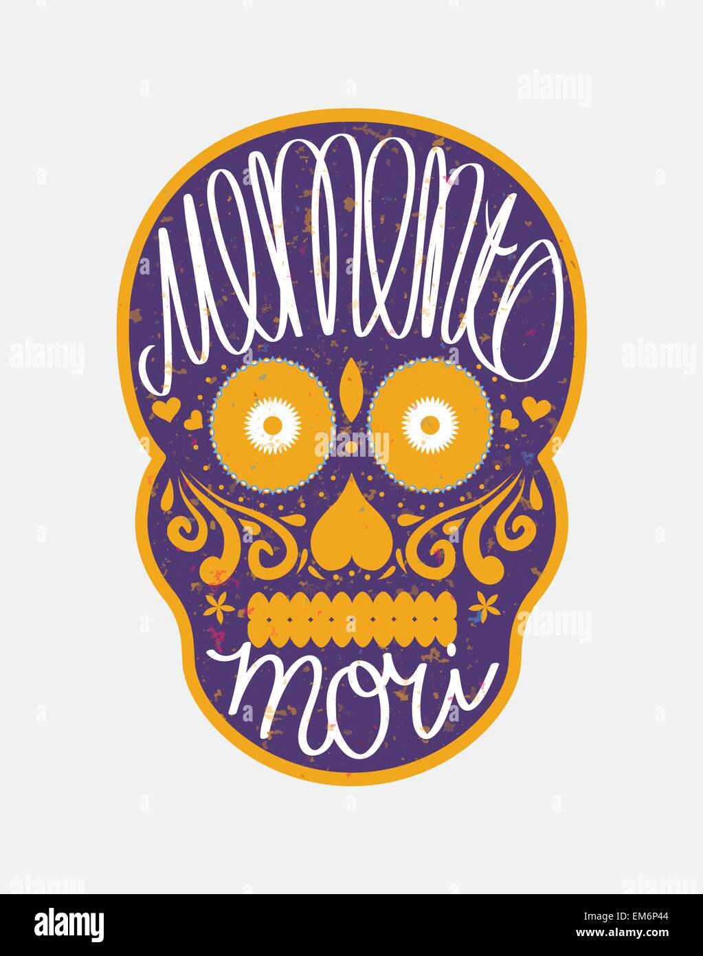 Zucchero messicano cranio con 'memento mori' (latino. Essere consapevoli della morte) scritte, illustrazione colorata per il giorno dei morti (Día d Illustrazione Vettoriale